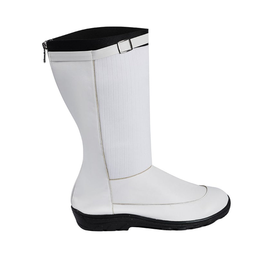 Mister Fantastic Reed Richards cosplay boots gather white matte panels and a black rubber sole beside side zip closure.