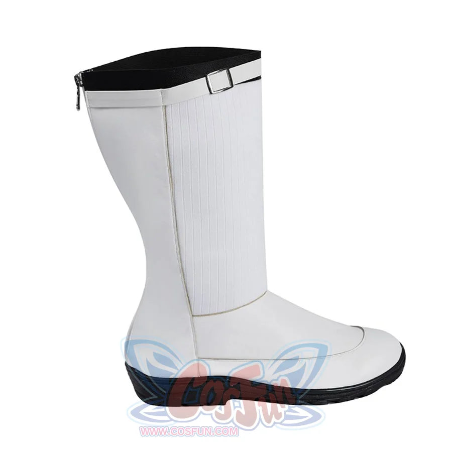Mister Fantastic Reed Richards cosplay boots gather white matte panels and a black rubber sole beside side zip closure.