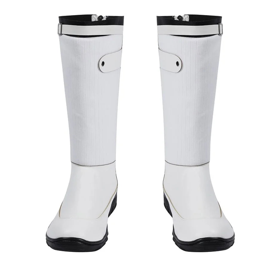 COSFUN Mister Fantastic Reed Richards cosplay boots gather white panels beside black trim details and buckled upper straps.