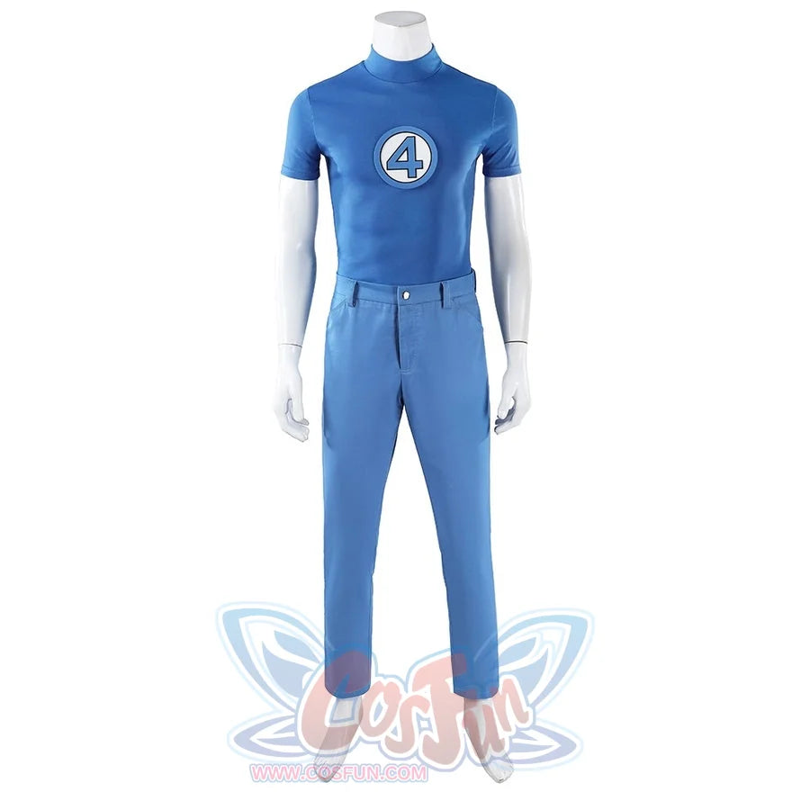 Mister Fantastic Reed Richards cosplay costume balances a bright blue short sleeve top beside a central four chest emblem.