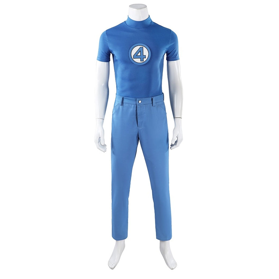 Mister Fantastic Reed Richards cosplay costume balances a bright blue short sleeve top beside a central four chest emblem.