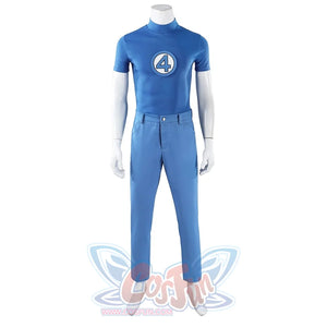 Mister Fantastic Reed Richards cosplay costume balances a bright blue short sleeve top beside a central four chest emblem.