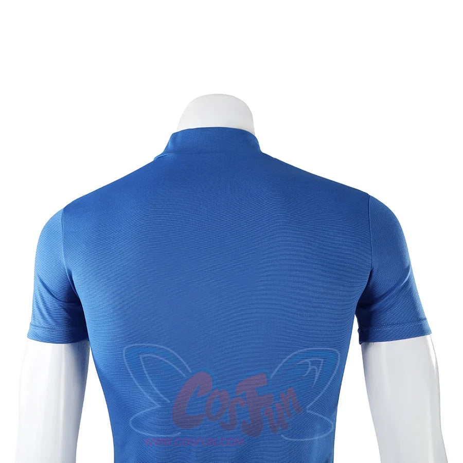 Mister Fantastic Reed Richards cosplay costume blue short sleeve shirt centers the back construction in textured fabric.