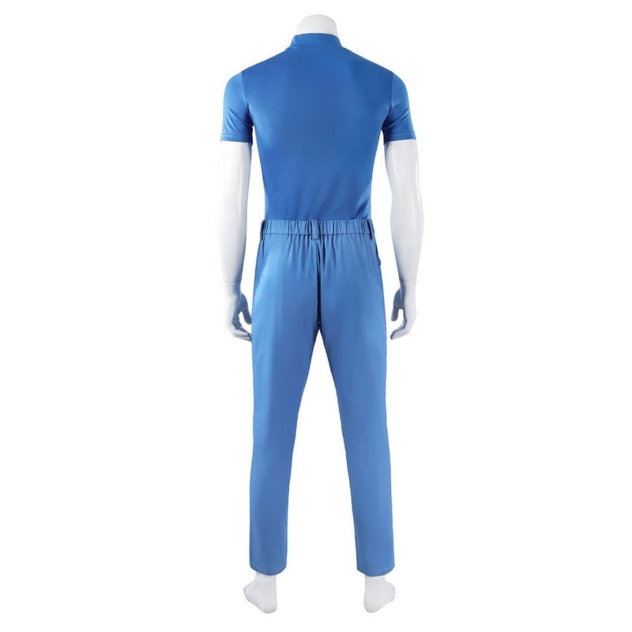 Mister Fantastic Reed Richards cosplay costume captures the rear view of the solid blue short sleeve shirt and pants.