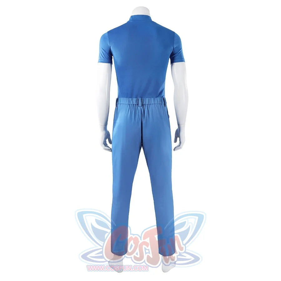 Mister Fantastic Reed Richards cosplay costume captures the rear view of the solid blue short sleeve shirt and pants.