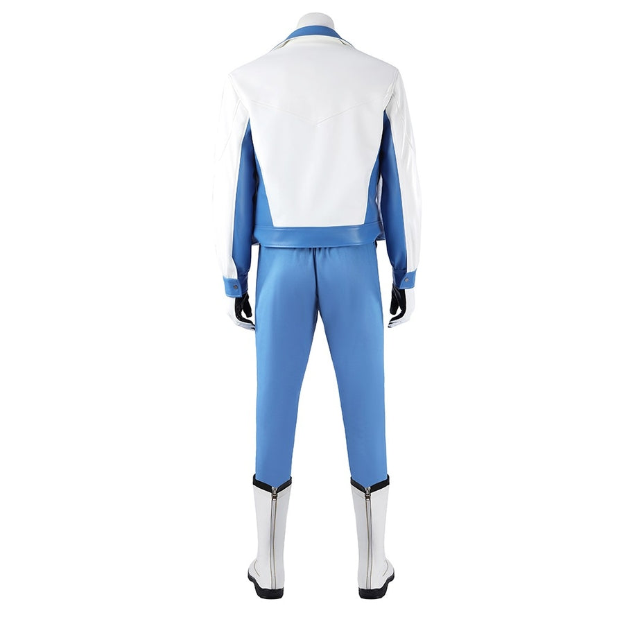 Mister Fantastic Reed Richards cosplay costume centers blue and white jacket and pants ensemble from back perspective.