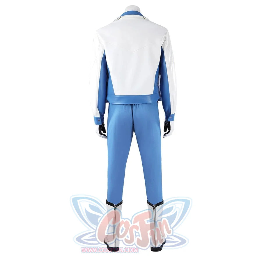 Mister Fantastic Reed Richards cosplay costume centers blue and white jacket and pants ensemble from back perspective.