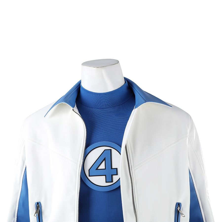 Mister Fantastic Reed Richards cosplay costume layers a crisp white jacket over a blue inner shirt beside a bold emblem.