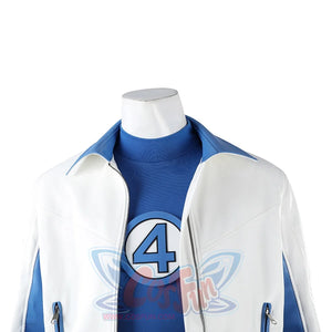 Mister Fantastic Reed Richards cosplay costume layers a crisp white jacket over a blue inner shirt beside a bold emblem.
