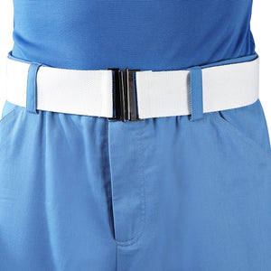 Mister Fantastic Reed Richards cosplay costume centers a white textured belt fastened by a dark buckle over blue fabric.