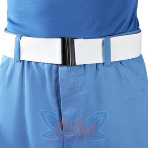 Mister Fantastic Reed Richards cosplay costume centers a white textured belt fastened by a dark buckle over blue fabric.