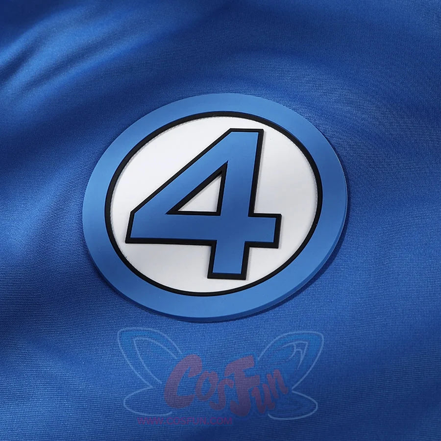 Mister Fantastic Reed Richards cosplay costume centers a circular blue and white four emblem against vibrant blue fabric.