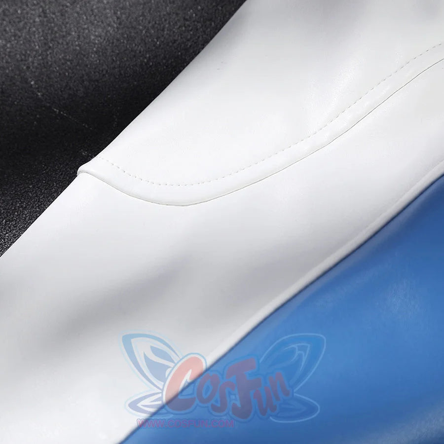 Mister Fantastic Reed Richards cosplay costume balances blue panels against crisp white trim and dark textured fabric.