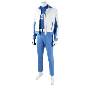 Mister Fantastic Reed Richards cosplay costume balances a white jacket over a blue shirt printed beside a large number four.