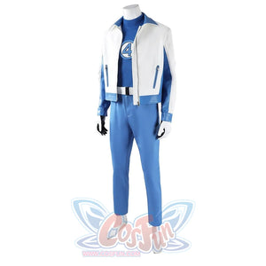 Mister Fantastic Reed Richards cosplay costume balances a white jacket over a blue shirt printed beside a large number four.