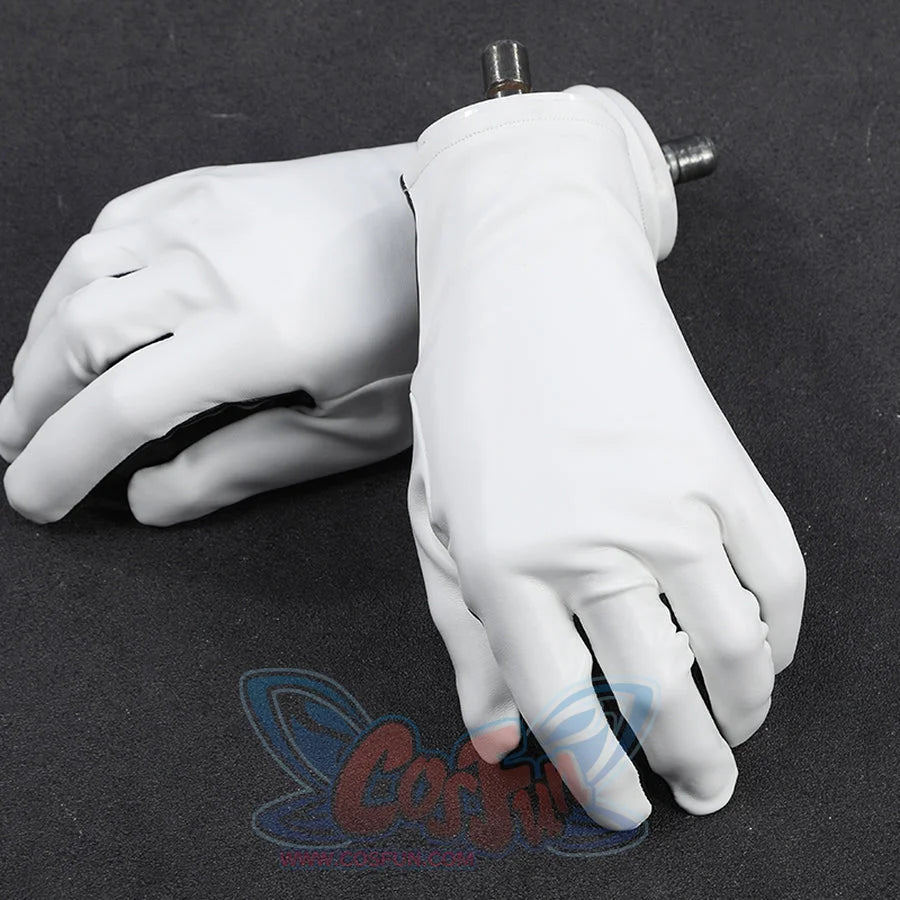 Mister Fantastic Reed Richards cosplay costume white gloves anchor the hands in smooth stretch faux leather fabric.