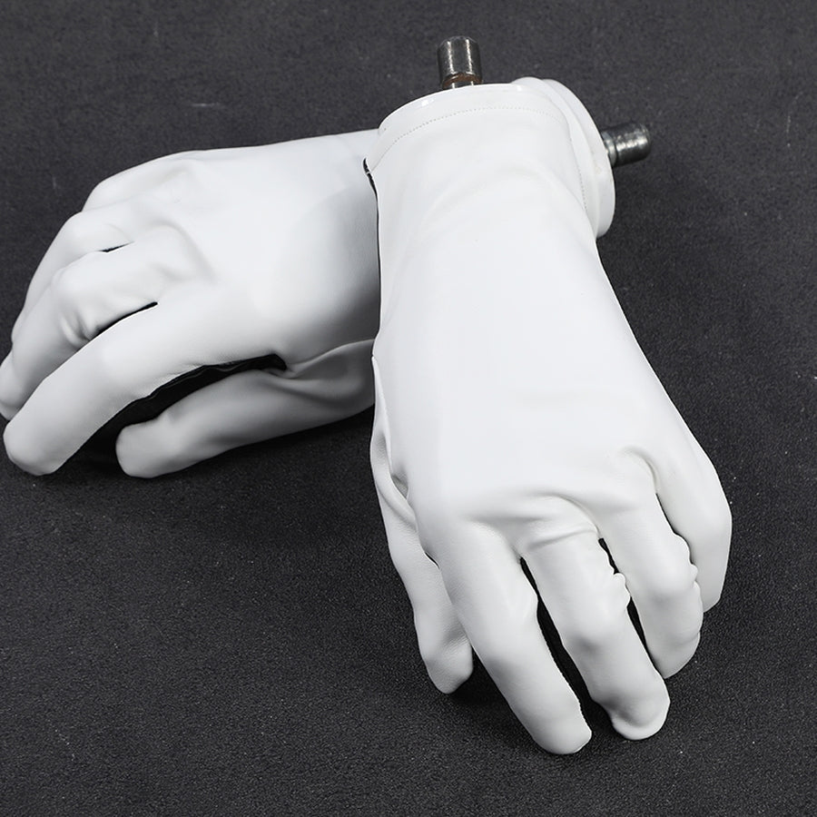 Mister Fantastic Reed Richards cosplay costume white gloves anchor the hands in smooth stretch faux leather fabric.