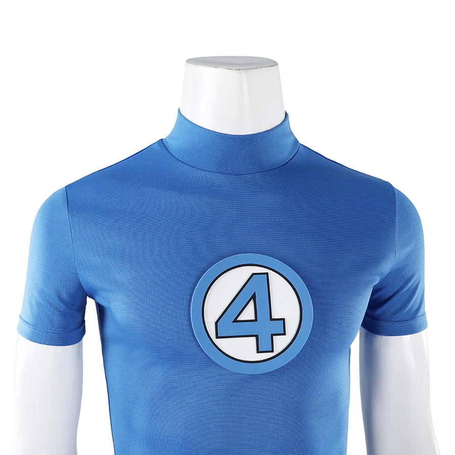 Mister Fantastic Reed Richards cosplay costume traces the blue fabric texture and centers the iconic number four logo.