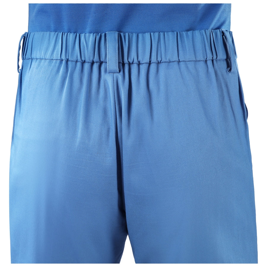 Mister Fantastic Reed Richards cosplay costume blue pants gather at the elasticized waistband to anchor the garment fit.