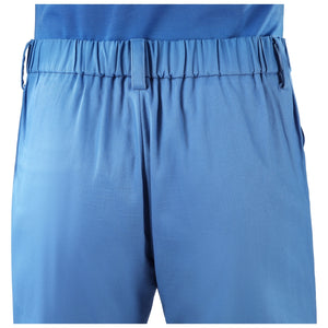 Mister Fantastic Reed Richards cosplay costume blue pants gather at the elasticized waistband to anchor the garment fit.