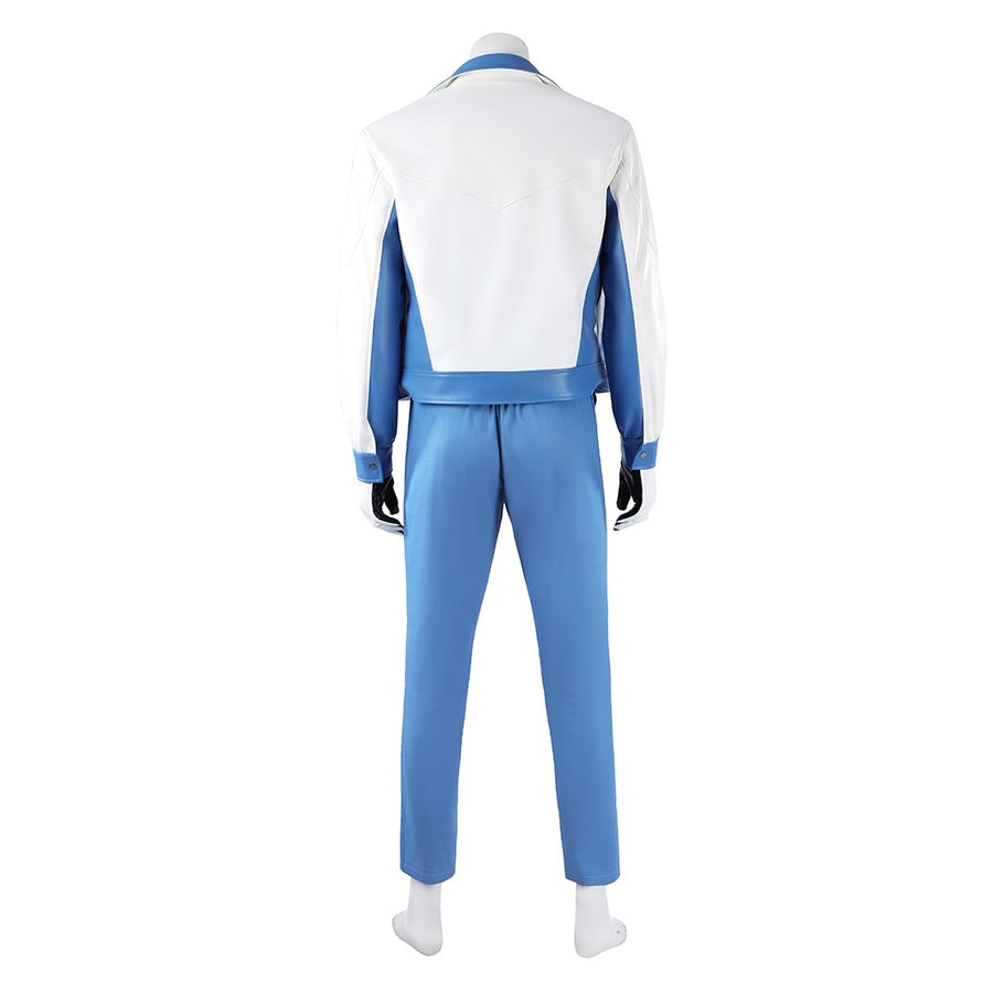 Mister Fantastic Reed Richards cosplay costume white jacket back view layers over matching blue pants and black gloves.
