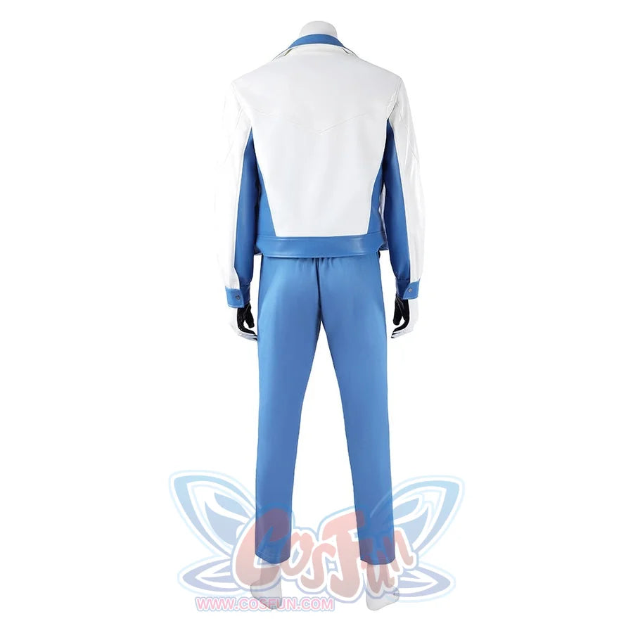 Mister Fantastic Reed Richards cosplay costume white jacket back view layers over matching blue pants and black gloves.