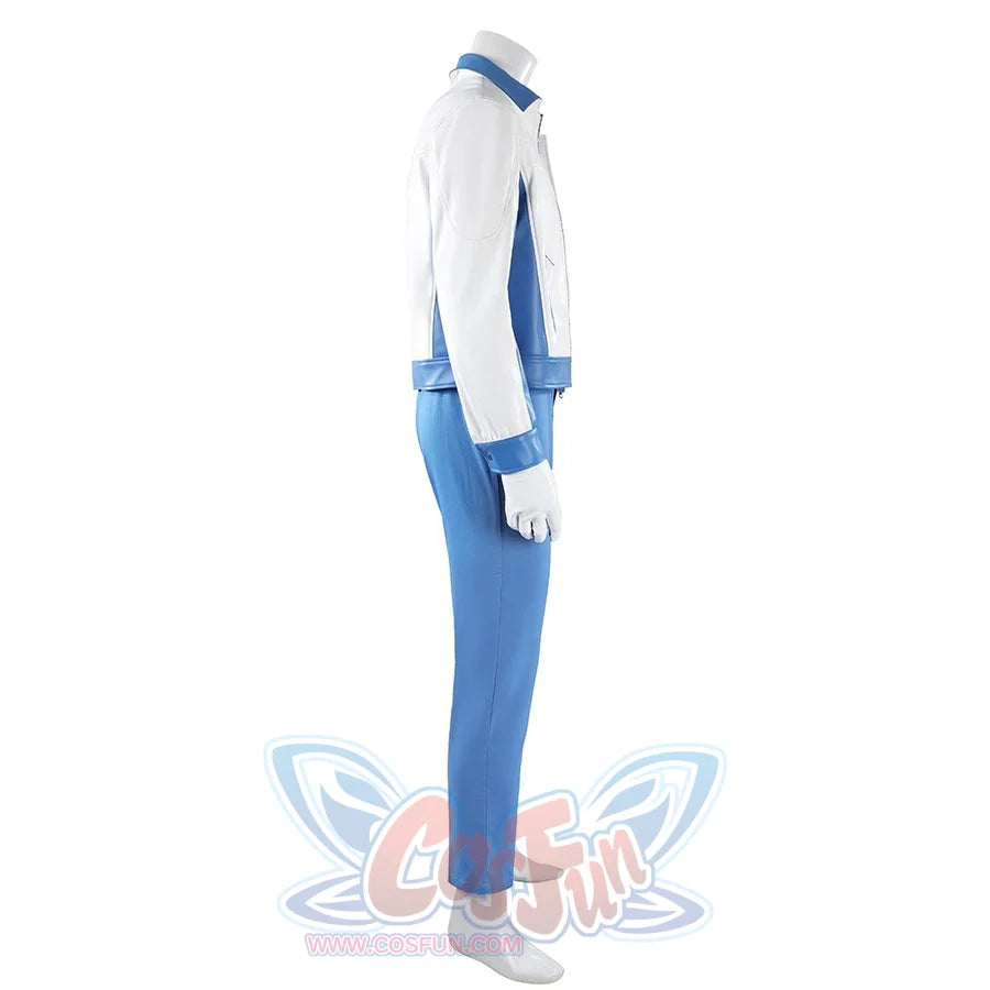 Mister Fantastic Reed Richards cosplay costume balances a white jacket over blue trousers and matching fitted gloves.