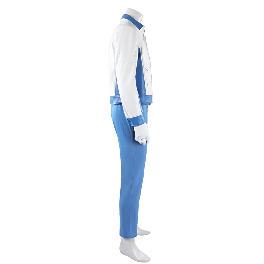 Mister Fantastic Reed Richards cosplay costume balances a white jacket over blue trousers and matching fitted gloves.