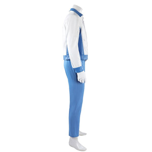 Mister Fantastic Reed Richards cosplay costume balances a white jacket over blue trousers and matching fitted gloves.