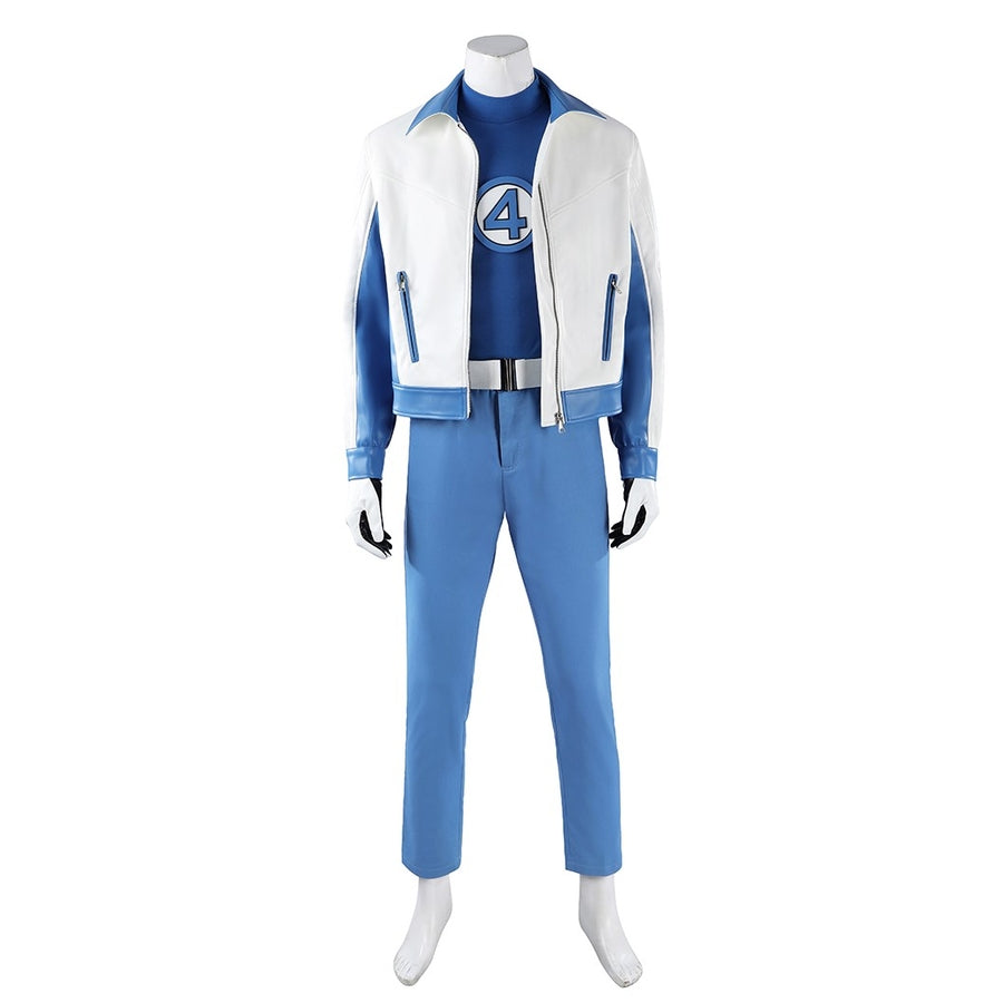Mister Fantastic Reed Richards cosplay costume balances a white jacket over a blue shirt and trousers beside black gloves.