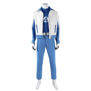 Mister Fantastic Reed Richards cosplay costume balances a white jacket over a blue shirt and trousers beside black gloves.