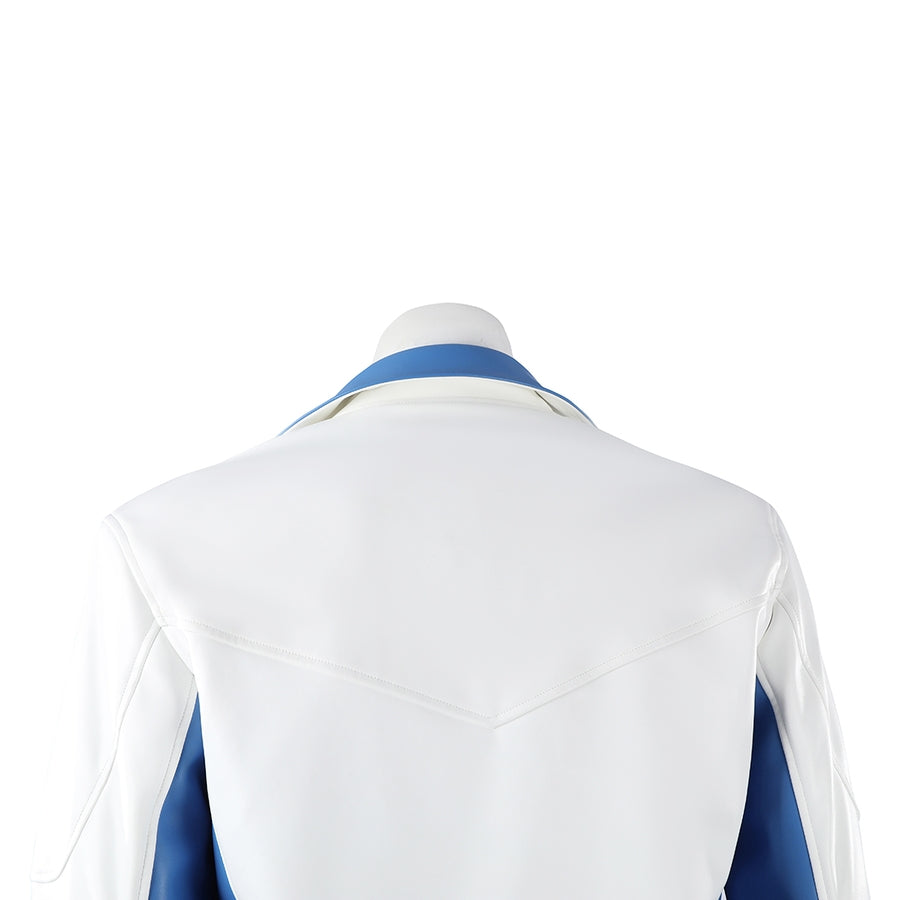 Mister Fantastic Reed Richards cosplay costume captures white jacket panels that gather near the bright blue collar trim.
