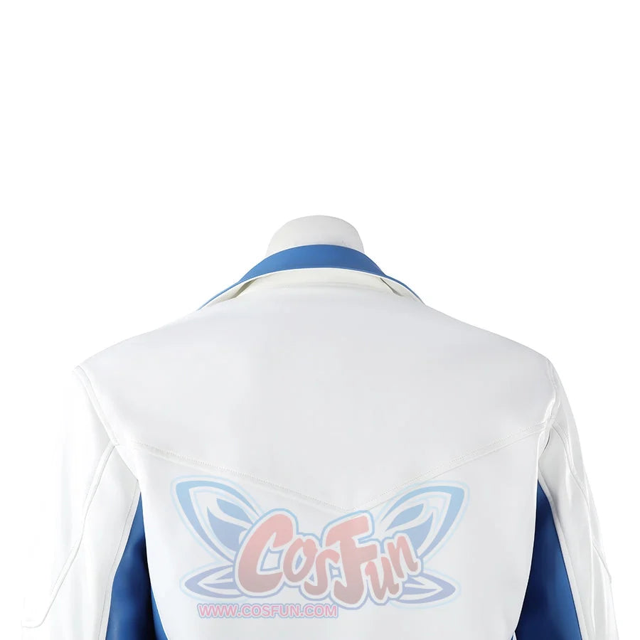 Mister Fantastic Reed Richards cosplay costume captures white jacket panels that gather near the bright blue collar trim.