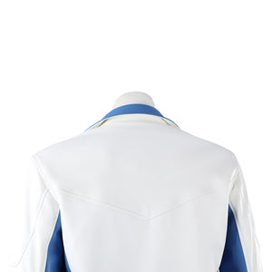 Mister Fantastic Reed Richards cosplay costume captures white jacket panels that gather near the bright blue collar trim.