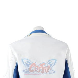 Mister Fantastic Reed Richards cosplay costume captures white jacket panels that gather near the bright blue collar trim.