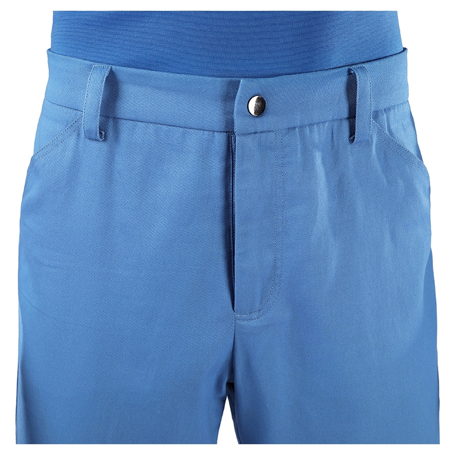 Mister Fantastic Reed Richards cosplay costume trousers trace a blue fabric finish beside a metallic button and belt loops.
