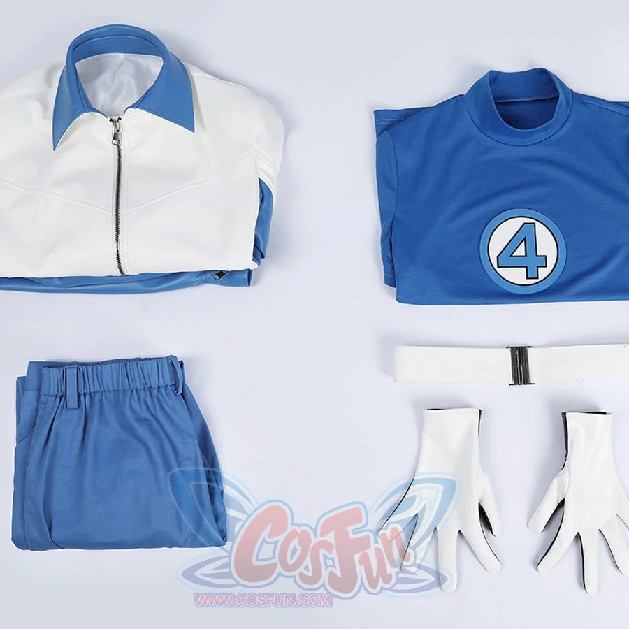 Mister Fantastic Reed Richards cosplay costume blue jacket white pants blue shirt belt and white gloves.