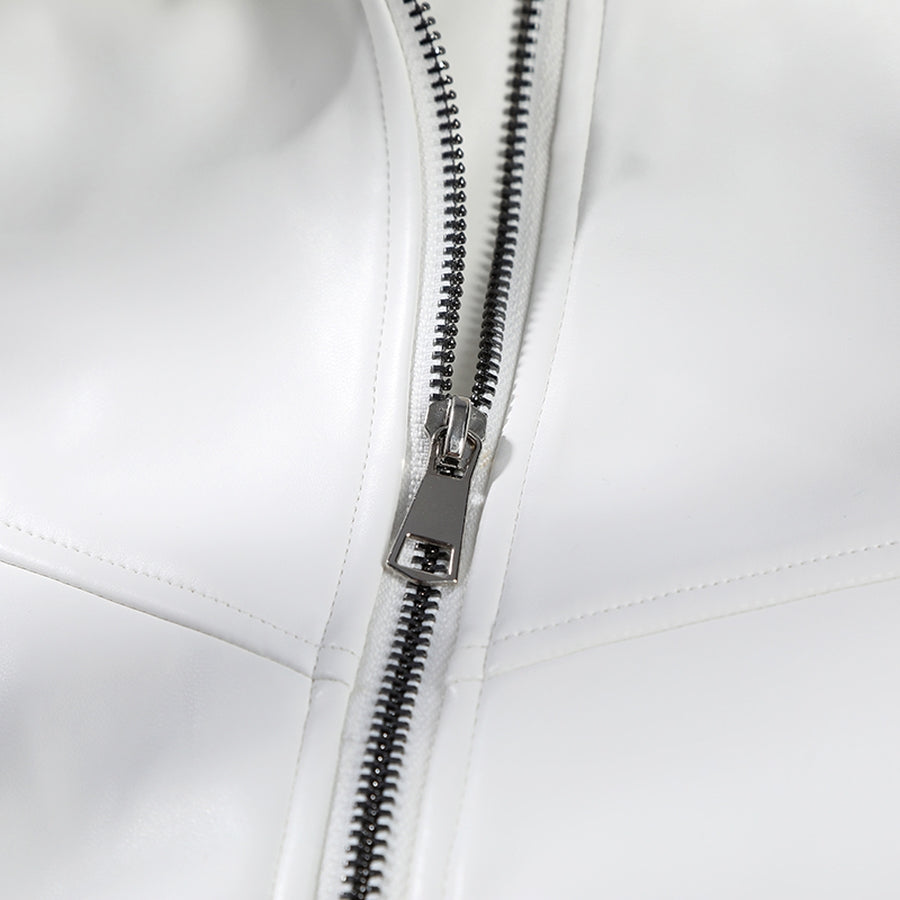 Mister Fantastic Reed Richards cosplay costume white faux leather fabric surfaces trace a silver-tone zipper.