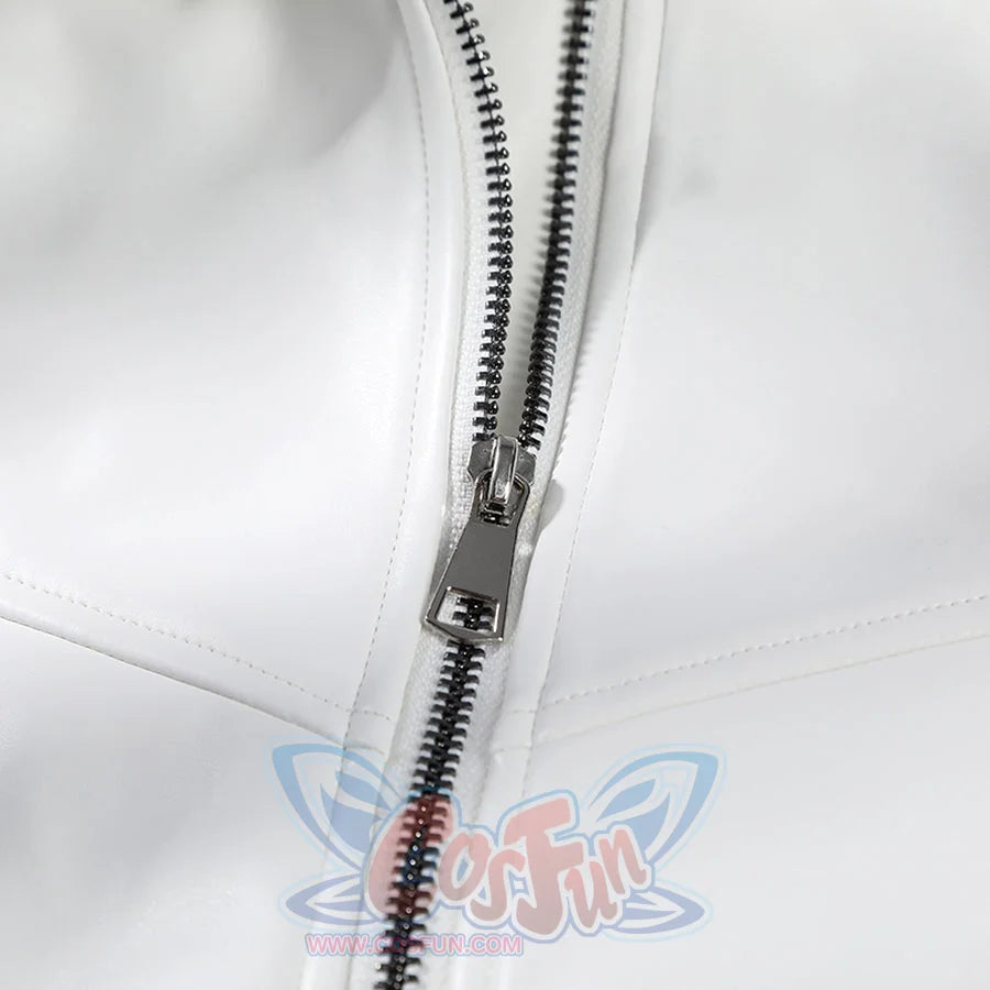 Mister Fantastic Reed Richards cosplay costume white faux leather fabric surfaces trace a silver-tone zipper.