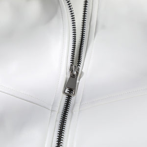 Mister Fantastic Reed Richards cosplay costume white faux leather fabric surfaces trace a silver-tone zipper.