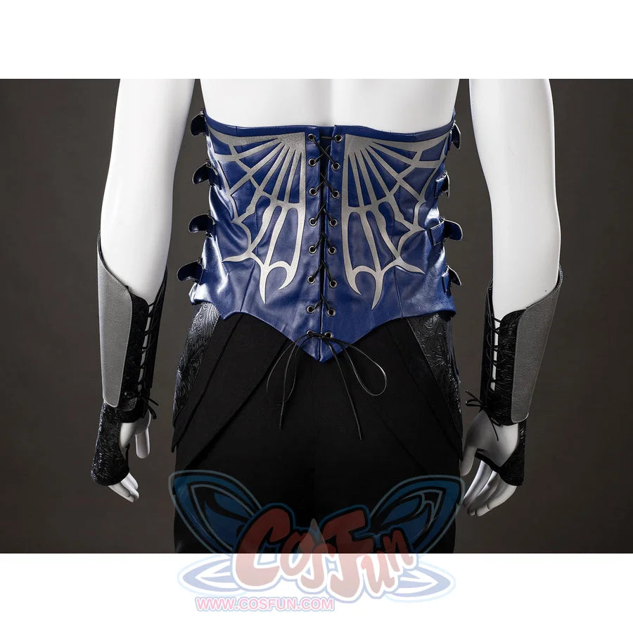 Mortal Kombat 2 Kitana cosplay back view balances silver arm guards around a blue laced vest.