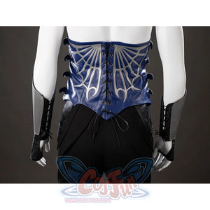 Mortal Kombat 2 Kitana cosplay back view balances silver arm guards around a blue laced vest.