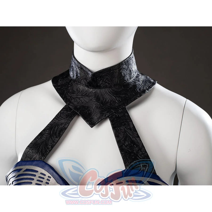 Mortal Kombat 2 Kitana cosplay collar detail folds black patterned trim around the neck straps.