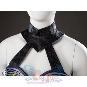 Mortal Kombat 2 Kitana cosplay collar detail folds black patterned trim around the neck straps.