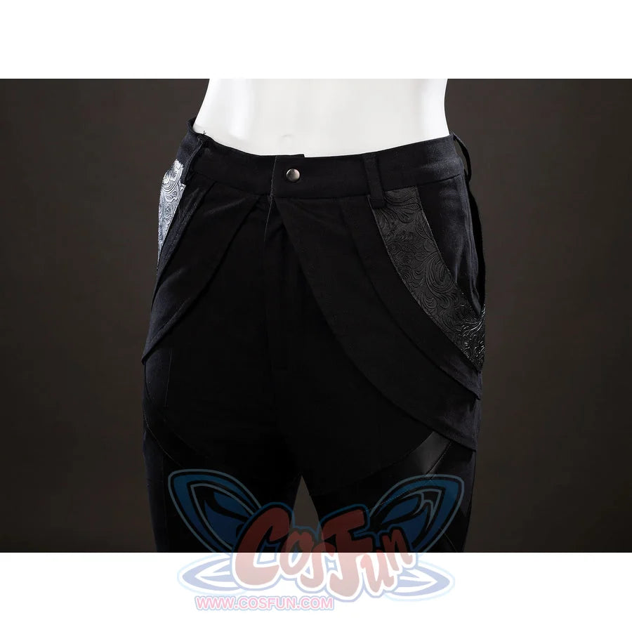 Mortal Kombat 2 Kitana cosplay pants detail layers black wrap panels beneath a buttoned waist.