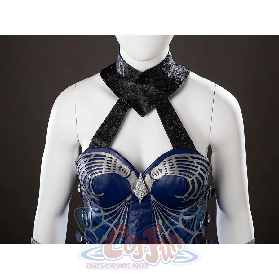 Mortal Kombat 2 Kitana cosplay bodice front detail crosses black neck straps above blue armor cups.