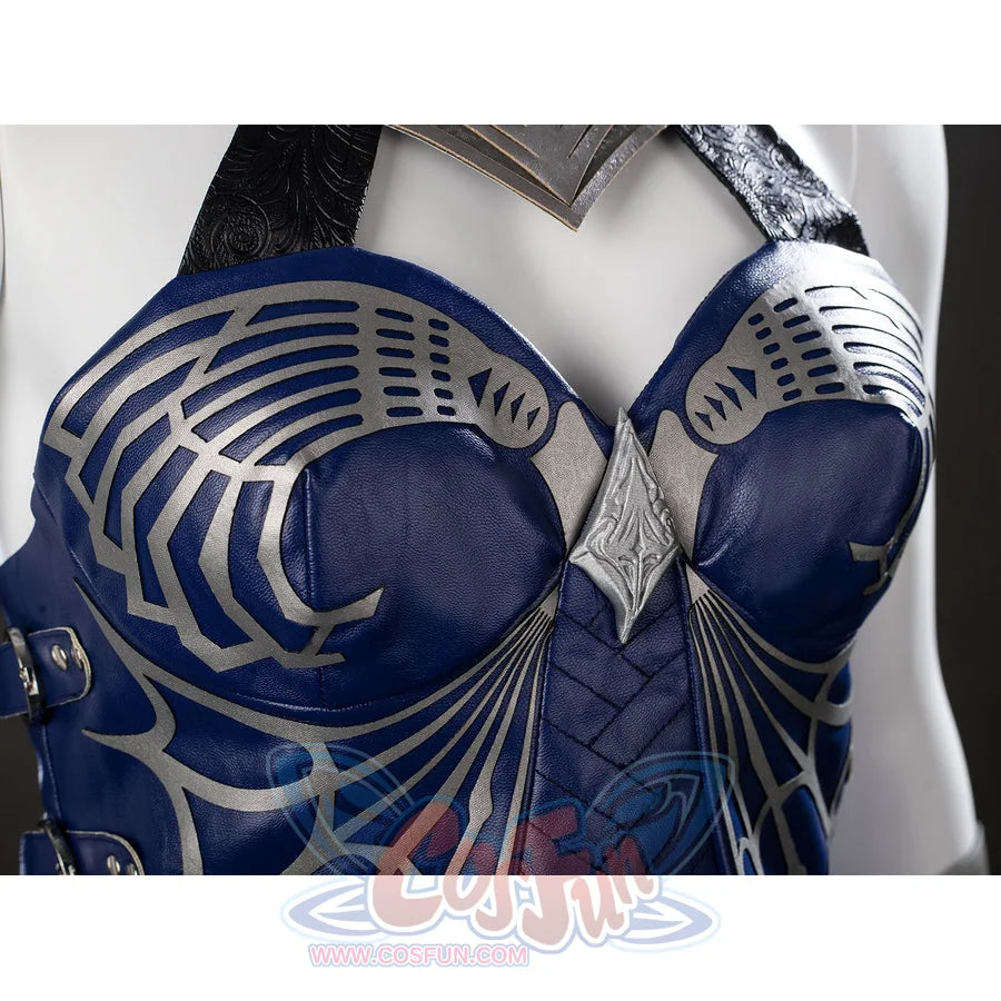 Mortal Kombat 2 Kitana cosplay bodice detail centers blue cups beneath silver rib-like trim.