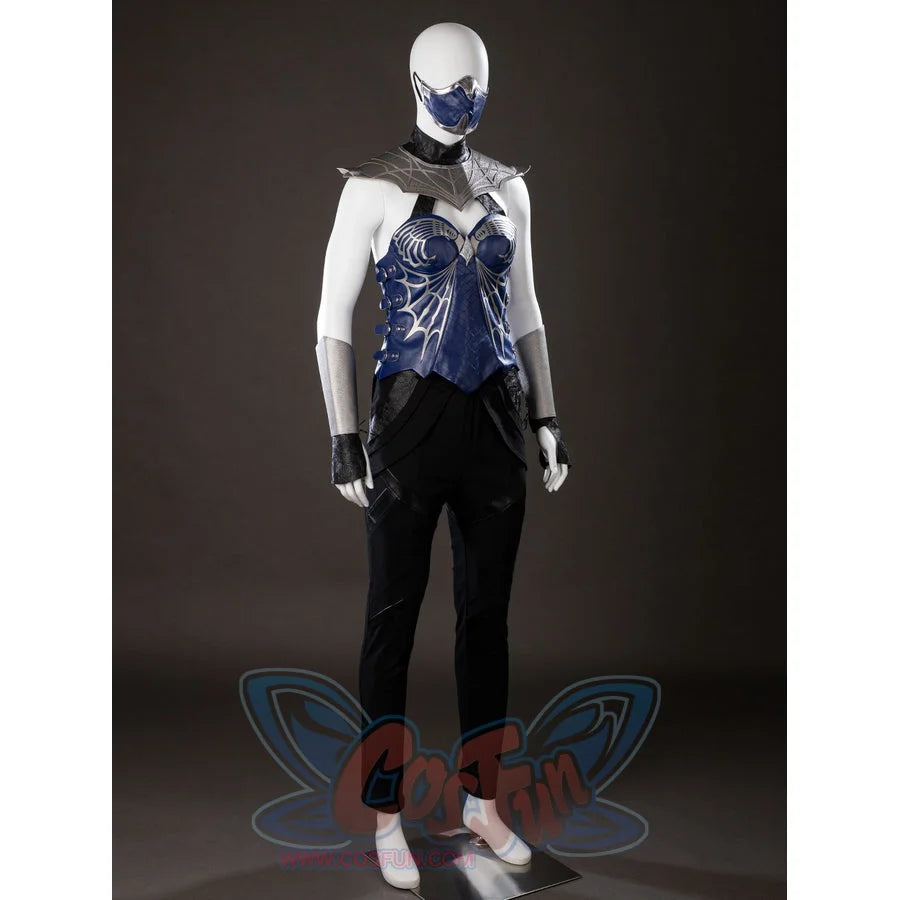 Mortal Kombat 2 Kitana cosplay costume angled front view sets the blue vest below a sculpted shoulder cape.