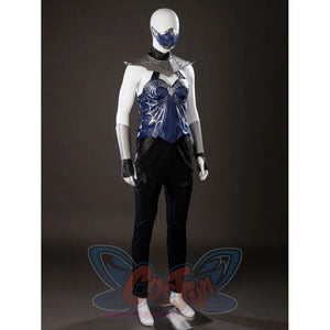 Mortal Kombat 2 Kitana cosplay costume angled front view sets the blue vest below a sculpted shoulder cape.