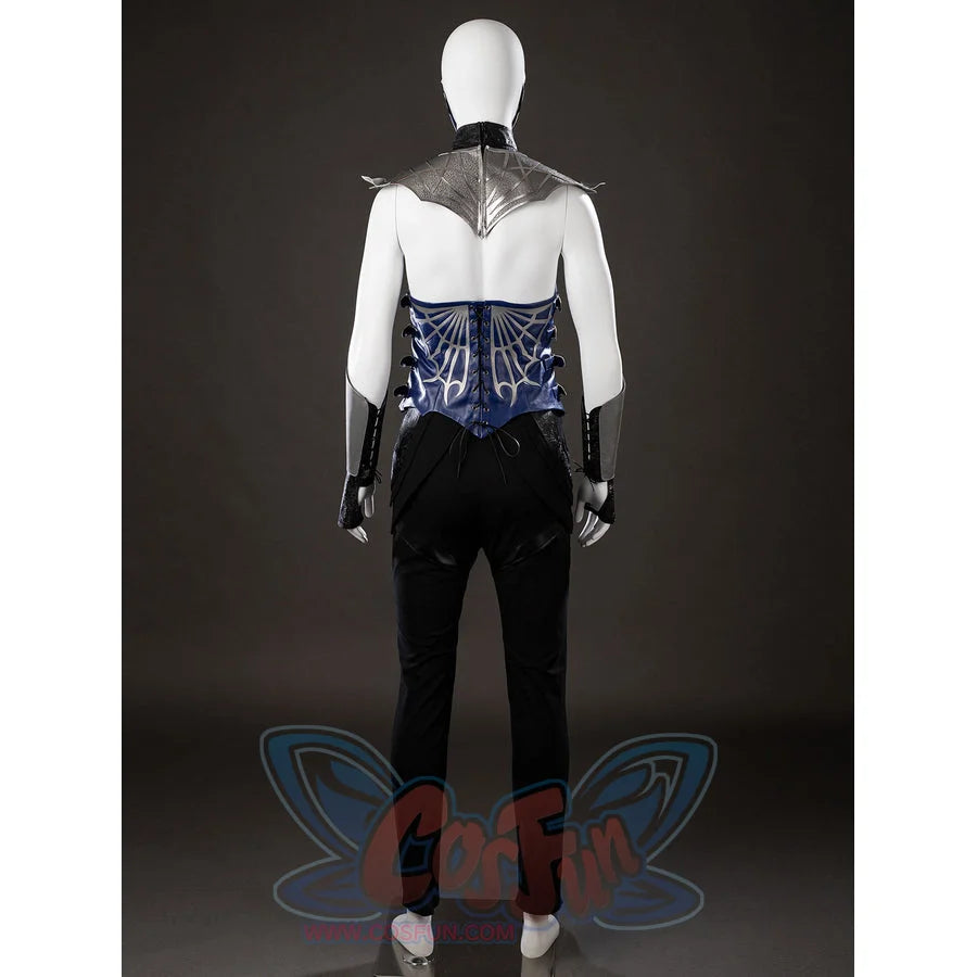 Mortal Kombat 2 Kitana cosplay costume back view sets a laced blue vest below gray shoulder armor.
